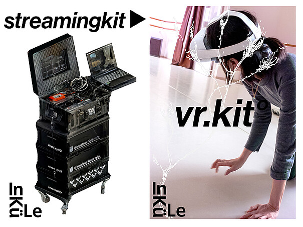 Cover der beiden Quickstart Guides von InKüLe. Abgebildet sind ein transportabler Technik-Turm für das Streamingkit und eine Person mit VR Brille für das VRkit